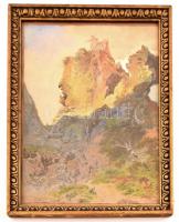 Kaloti G (?) jelzéssel: Vadászok a szikla tetején. Akvarell, papír, papírra kasírozva. Hátlapján fel...