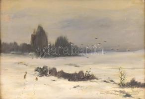 Baky Albert (1868-1944): Nyulak a havas tájban. Olaj, karton, jelzett. Karton kissé hullámos. Fa keretben. 23,5×33 cm
