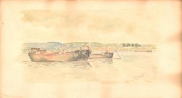 Drescher G Bp. 1947 VII jelzéssel: Hajók a Dunán. Akvarell, papír. Üvegezett fa keretben. 21×29 cm