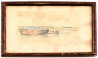 Drescher G Bp. 1947 VII jelzéssel: Hajók a Dunán. Akvarell, papír. Üvegezett fa keretben. 21×29 cm