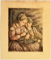 Glatz Oszkár(1872-1958)-Prihoda István (1891-1956): Betűvetés. Színezett rézkarc, papír. Glatz által jelzett. Lap teteje foltos. 34×26 cm
