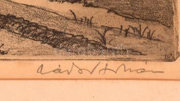 Zádor István (1882-1963): Tiszamenti földek. Rézkarc, papír, jelzett, paszpartuban. Üvegezett, keret...