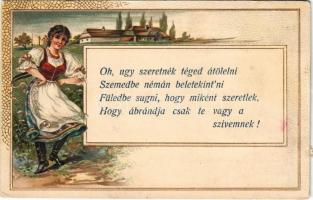 1912 Oh, úgy szeretnék téged átölelni... Magyar népviseletes művészlap / Hungarian folklore, Art Nouveau, litho