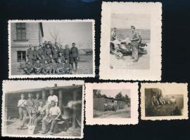 cca 1940-43 Katonák csoportképei, egyik Rákospalotai állomásnál, többségében hátoldalán feliratozott 5 db vintage fotó, 3,5x4,5 és 6x8,5 cm közötti méretben