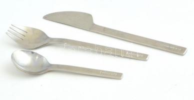 3 db Lufthansa feliratú evőeszköz (kés, villa, kiskanál), h: 12,5 cm, 16,5 cm, 18 cm