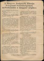 1956 A Magyar Dolgozók Pártja központi vezetőségének nyilatkozata a magyar néphez, 1956. okt. 26., benne a forradalom híreivel, többek közt a megalakuló új kormányróll, hajtásnyommal, lap szélén egészen apró szakadásokkal