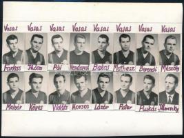 cca 1965 A Vasas SC focicsapat játékosainak és edzőjének kisméretű feliratozott fotói, 16 db, papírra ragasztva, jó állapotban, 8×14 cm