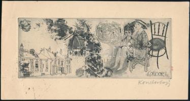 Kondor Lajos (1926-2006): A városban. Rézkarc, papír, jelzett, 8×19,5 cm