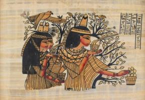 Egyiptomi kézzel festett papirusz üvegezett keretben. 29x39 cm