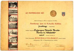 1934 Az Esztergomi hét keretében megtartott kiállítás fürdőügyi csoportjának a kiállított tárgyakért járó keménykarton motívumokkal gazdag oklevél aláírásokkal az Esztergomi Takarékpénztár Forrásvíz Vállalat részére