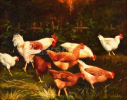 Görgényi jelzéssel:, 2 db mű: Baromfiudvar. Olaj, fa, fa keretben, 20x25 cm