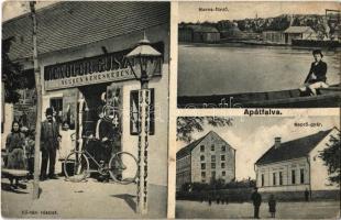Apátfalva (Csanád megye), Fő tér, kerékpár, Maros fürdő, evezős csónak, Seprűgyár, Fendler Gusztáv üzlete és saját kiadása (Rb)