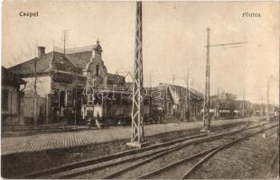 1917 Budapest XXI. Csepel, Fő utca, HÉV (Helyiérdekű Vasút) megállóhely, villamos vasútállomás, Marx Jenő üzlete (r)