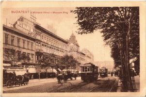 1920 Budapest VIII. Múzeum körút, villamos, lovaskocsi, Neumann M. üzlete reklámja egy házfalon (EK)