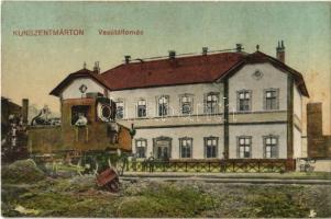 Kunszentmárton, Vasútállomás, gőzmozdony, vonat, vasutasok (r)