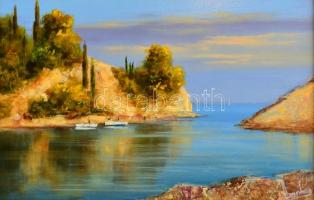 Lantos György (1957-): Tengeri öböl. Olaj, farost, jelzett. Díszes fa keretben, hátoldalán címkén fe...