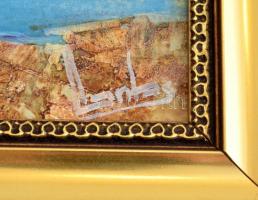 Lantos György (1957-): Tengeri öböl. Olaj, farost, jelzett. Díszes fa keretben, hátoldalán címkén fe...