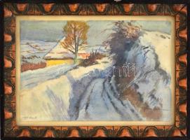 Horn Antal (1882 - ?): Napfényes havas táj. Akvarell, papír, jelzett. Régi szecessziós, kissé sérült üvegezett fa keretben. 18×24 cm