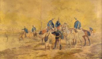 Olvashatatlan jelzéssel: Huszárok. Akvarell, papír. Üvegezett fa keretben. 19,5x33 cm