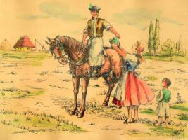 Kovács A 943 jelzéssel: Alföldi jelenet. Litográfia, akvarell, papír. Üvegezett, díszes fa keretben....