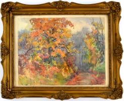 Jelzés nélkül: Őszi lombok. Akvarell, papír. Díszes, sérült üvegezett fa keretben. 25×32 cm