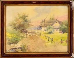 Gehardtné jelzéssel: Tanya gémeskúttal. Akvarell, papír. Díszes, sérült üvegezett fa keretben. 30,5×...