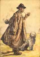 Révész Imre (1859-1945): Pipázó juhász. Színezett rézkarc, papír, jelzett. Sérült üvegezett fa keretben. 45×32,5 cm