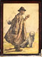 Révész Imre (1859-1945): Pipázó juhász. Színezett rézkarc, papír, jelzett. Sérült üvegezett fa keret...