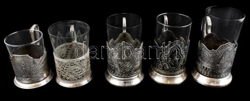 5 db szamovár teás fém pohár, üveg betéttel, közte 50 éves CCCP és Moszkvai olimpia mintával, kopottas állapotban, m: 13 cm, 10 cm