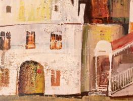 Várkonyi János (1947-):  Gótikus városháza, 1976. Zománcfesték, farost. Hátoldalán címkén jelzett és...