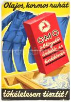 cca 1930 Omo mosópor plakát, Hajtva. hátoldalán grafika: Olvashatatlan jelzéssel: Karikatúra. hajtott, gyűrődéssel, 50×34 cm