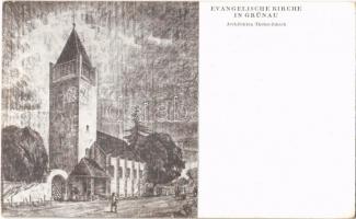 Bazin, Bösing, Bözing, Pezinok; Evangelische Kirche in Grünau. Architekten Theisz-Jaksch / Evangélikus templom Grinádban / Lutheran church in Grinava (EK)