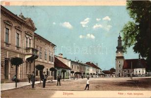1917 Zólyom, Zvolen; Fő tér, Római katolikus templom, üzletek / main square, Catholic church, shops (kis szakadás / small tear)
