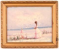 Jelzés nélkül. Hölgyek a tengerparton. Olaj, vászon. Díszes fa keretben. 19,5x25 cm