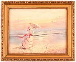 Jelzés nélkül. Napernyős hölgy a tengerparton. Olaj, vászon. Díszes fa keretben. 19,5x25 cm