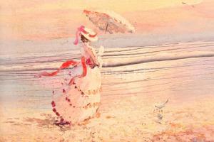 Jelzés nélkül. Napernyős hölgy a tengerparton. Olaj, vászon. Díszes fa keretben. 19,5x25 cm