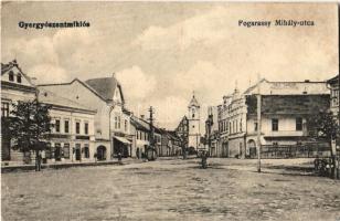 Gyergyószentmiklós, Gheorgheni; Fogarassy Mihály utca, Gyógyszertár, Páll Sándor üzlete / street view, pharmacy, shops (EK)