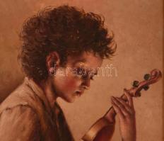 Olvashatatlan jelzéssel: A kis hegedűs. Olaj, vászon. Historizáló stílusú fa keretben. 61x51 cm