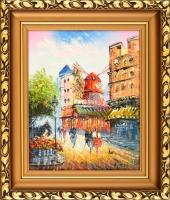 Olvashatatlan jelzéssel: Moulin Rouge, Párizs. Olaj, farost. Díszes fa keretben. 27,5x23 cm