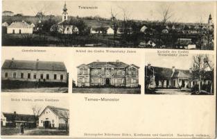 1910 Monostor, Temes-Monostor, Manastur; Totalansicht, Gemeindehaus, Schloß des Grafen Woracsiszky Janos, Kastelle des Grafen Woracsiszky Janos, Holcz Niklos grosses Gasthaus / látkép, Woracziczky féle kastélyok, Községháza, Holcz Miklós vendéglője, üzlete és saját kiadása / general view, castles, town hall, inn, publisher's shop