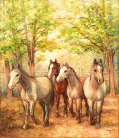 Nagy N J jelzéssel: Lovak. Olaj, karton, fa keretben, 57,5×49,5 cm