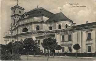 1908 Nagykároly, Carei; Római katolikus templom / church + NAGYKÁROLY-KOLOZSVÁR 74. SZ. mozgóposta