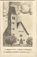 Péterfalva, Petersdorf, Petresti; Egy tégladarab a római katolikus templom építéséhez / charity postcard for the church construction. photo
