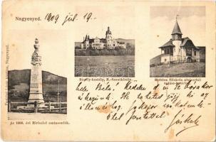 1909 Nagyenyed, Aiud; az 1600. évi Miriszlói csata emlékműve, Bánffy kastély (Marosszentkirály), Bethlen főiskola alsóorbói vadászkastélya / monument of the Battle of Miraslau (1600), castle in Sancraiu de Mures, hunting lodge in Gabrova de Jos (szakadás / tear)