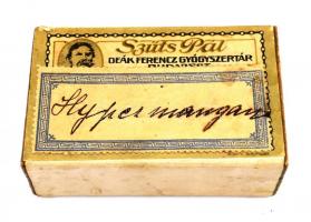cca 1920-1940 Dr, Szüts Pál Deák Ferenc Gyógyszertárának Hypermangán gyógyszeres dobozkája, tartalommal, 7,5x4,5x2,5 cm.