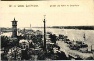 Swinoujscie, Swinemünde; See und Solbad, Zeitball und Hafen mit Leuchtturm / port with lighthouse, time ball