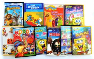 10 db mese DVD (Noddy, Csodacsibe, Gru2, Hupikék Törpikék, Spongya Bob, stb.), DVD-k hátoldala karcos