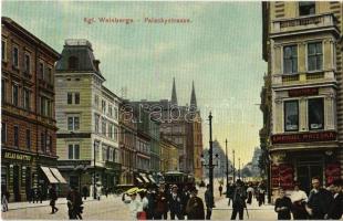 Praha, Prag, Prague; Kgl. Weinberge, Palackystrasse / Královské Vinohrady / street view, tram, shops, café. D. Kosiner & Co. No. 96.