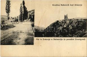 1918 Zrmanja (Gracac), Gradina Rakovnik kod Zrmanje, Put iz Zrmanje u Dalmaciju (u pozadini Zvonigrad) / castle ruins, road (fl)