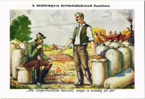 A műtrágya termésfokozó hatása: Szomszéd! Műtrágyát használjon, így termése holdankint 100 métermázsát is nyom. Szuperfoszfát a magyar föld műtrágyája / Hungarian fertilizer advertisement